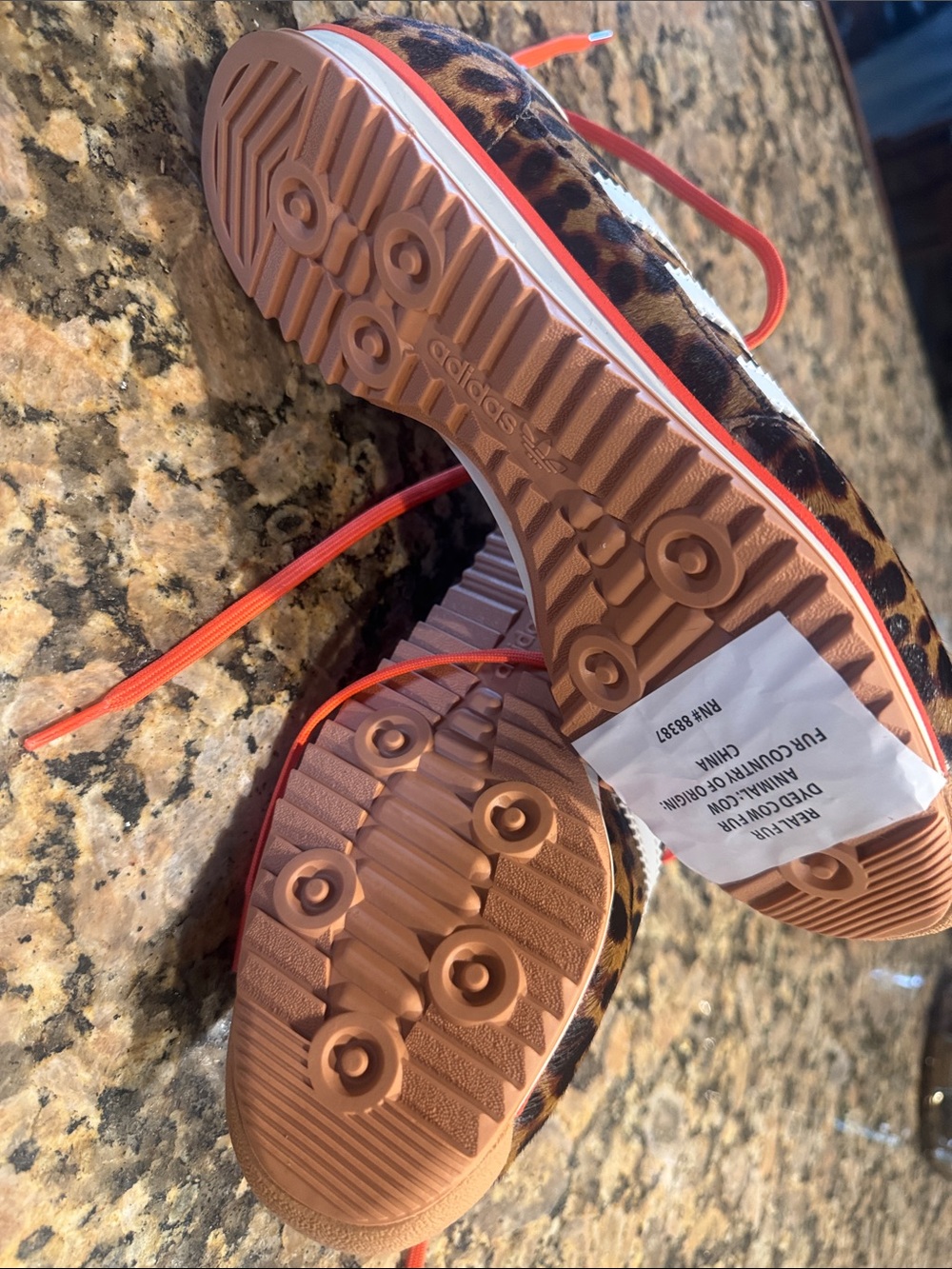 adidas Women’s Leopard Print Sneakers with White Stripes and Orange Laces - Picture 2 of 2